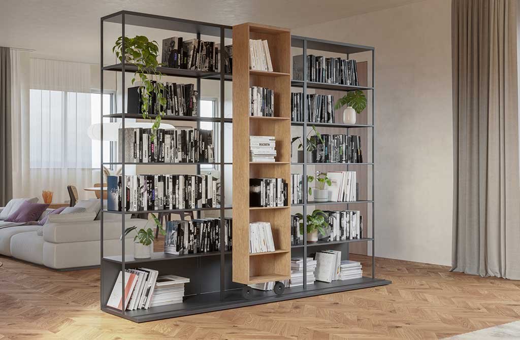 bookcase with shelving on wheels