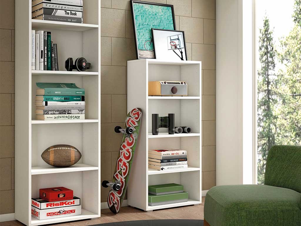 bookcase with three and four column shelves in white oak