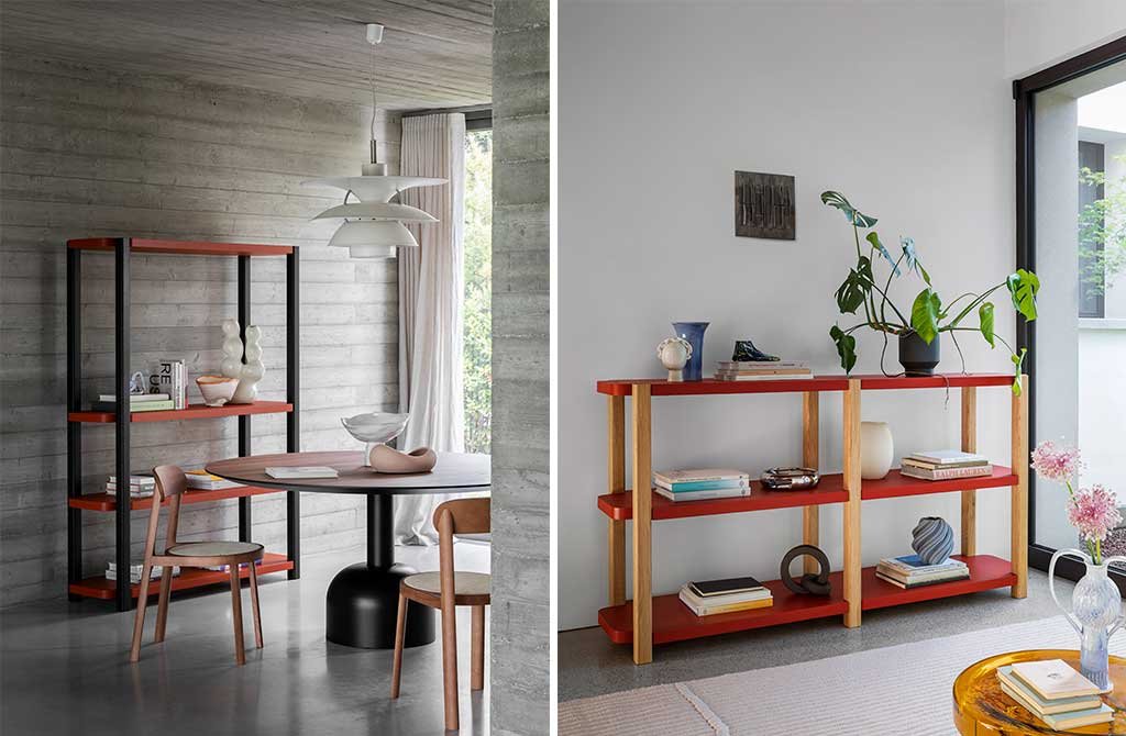 modular cabinet with colored wooden shelves and uprights