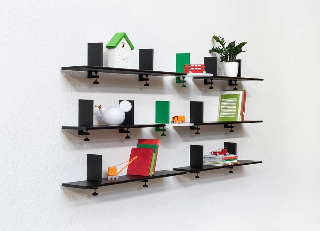 wall bookcase system with clamp dividers on shelves