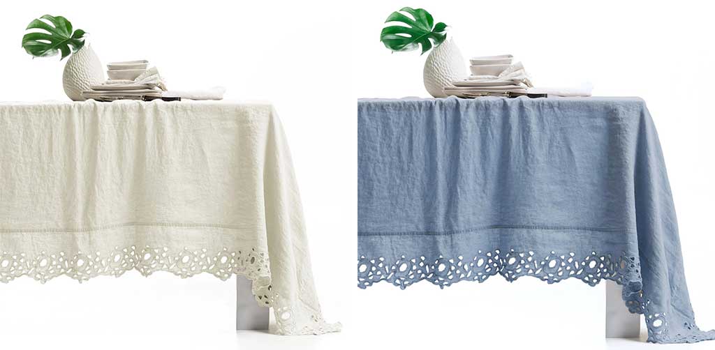tovaglia puro lino stonewashed con balza ricamata traforata