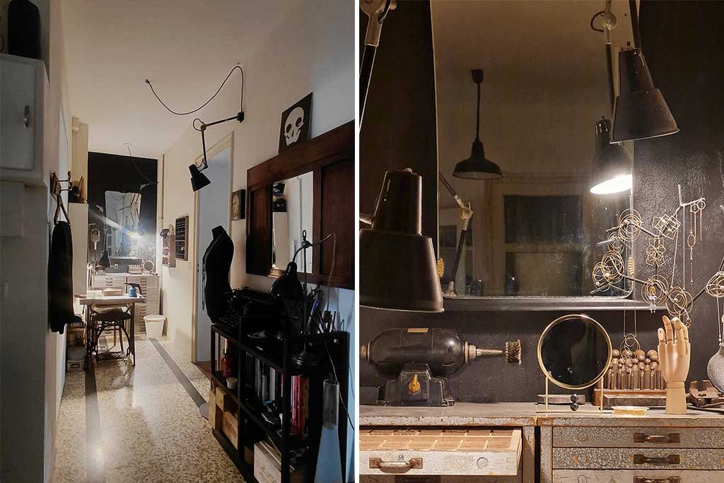 piccolo laboratorio oreficeria in corridoio con specchio anni 50