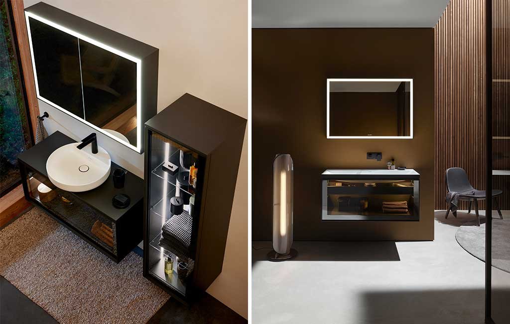 arredo bagno mobili sospesi legno e vetrine vista illuminate