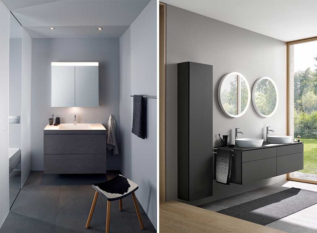 arredo bagno mobili sospesi tonalità scura specchi retroilluminati