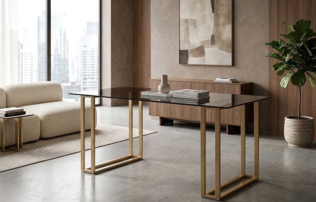 tavolo struttura metallo effetto oro e vetro fumé